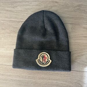 Moncler Gray Knit Hat with Logo Patch